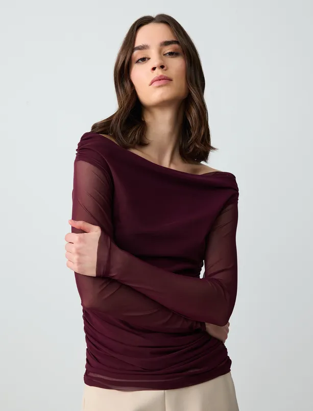 Women Claret Red Straight Cut Bardot Neck Mesh Knitted Blouse