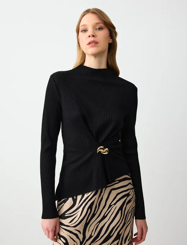 Women Black Slim Fit Zero Neckline Knitted Blouse with Ruffle Detail