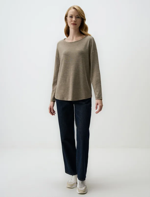Women Beige Melange Round Neck Relaxed Fit Sweater Blouse