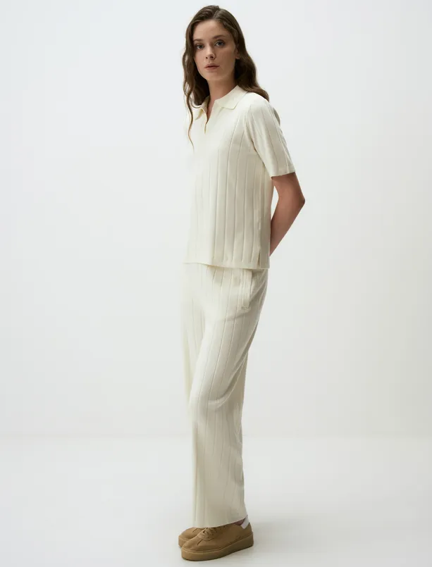 Women Ecru Regular Waist Straight Cut Knitwear Pants with Elasticated Waist