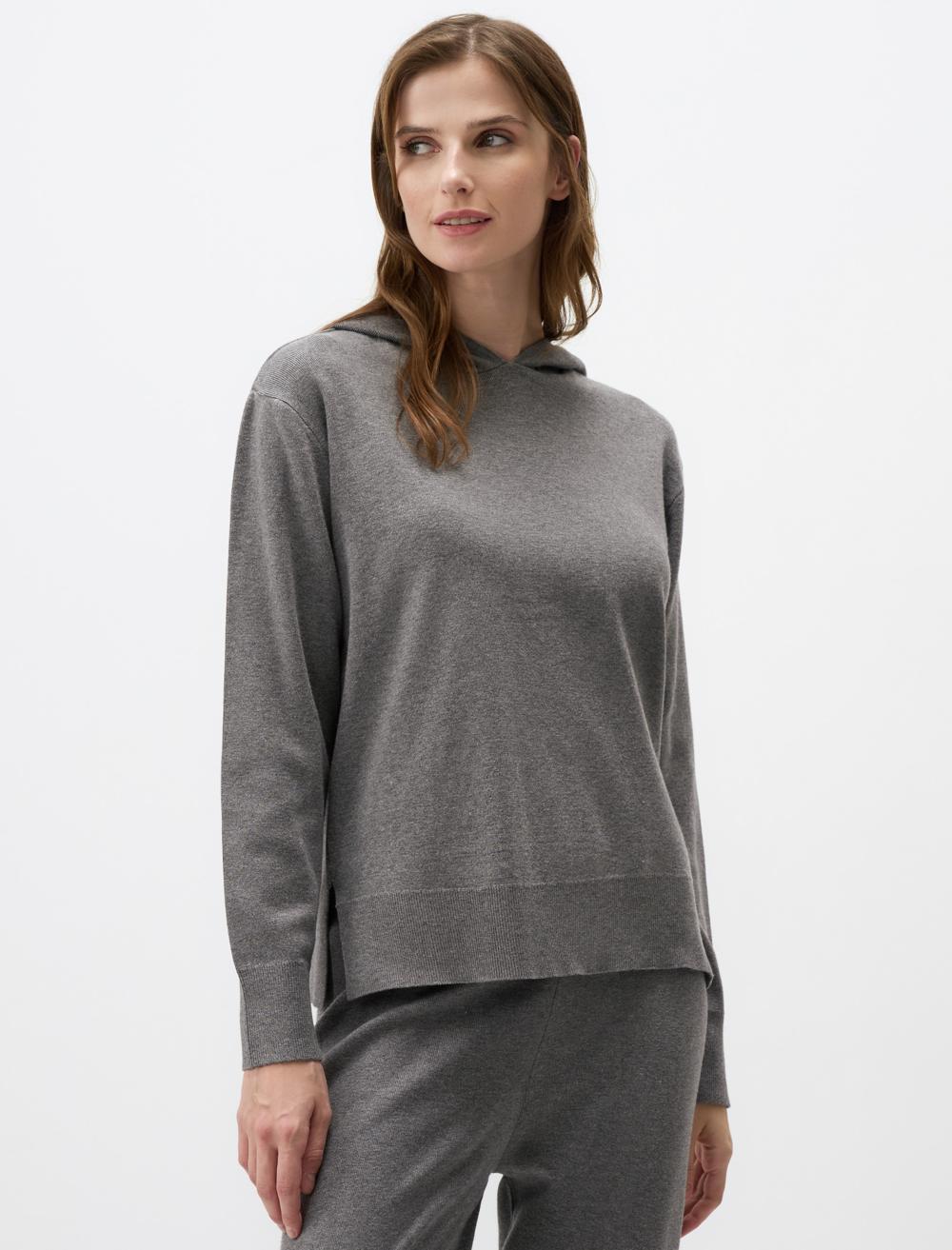 Uzun Kollu Kapüşonlu Triko Sweatshirt