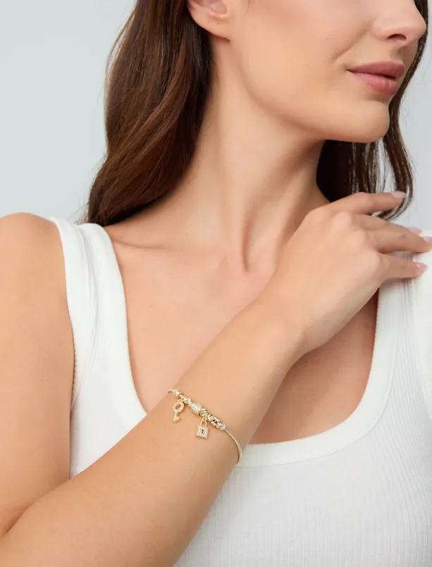 Bayan Sarı Kilit Anahtar Figürlü Charm Bileklik 