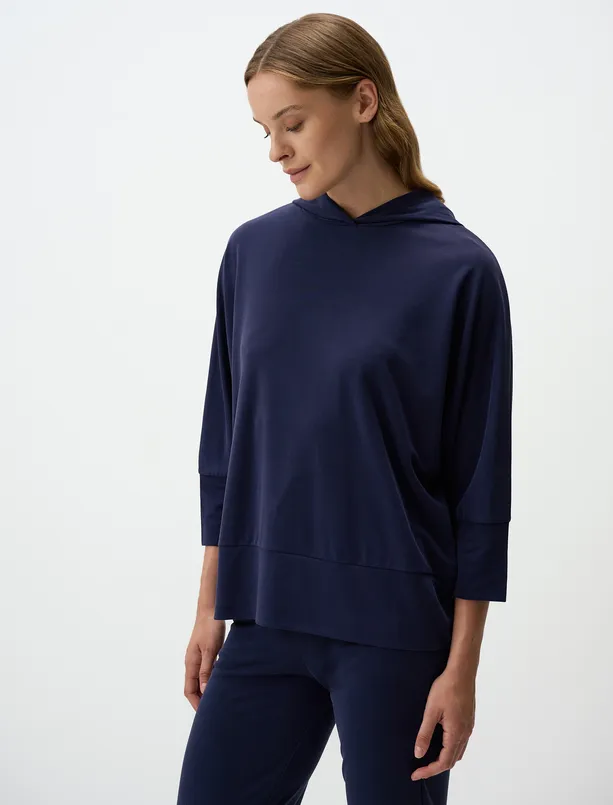 Bayan  Bol Kesim Truvakar Kol Kapüşonlu Örme Sweatshirt