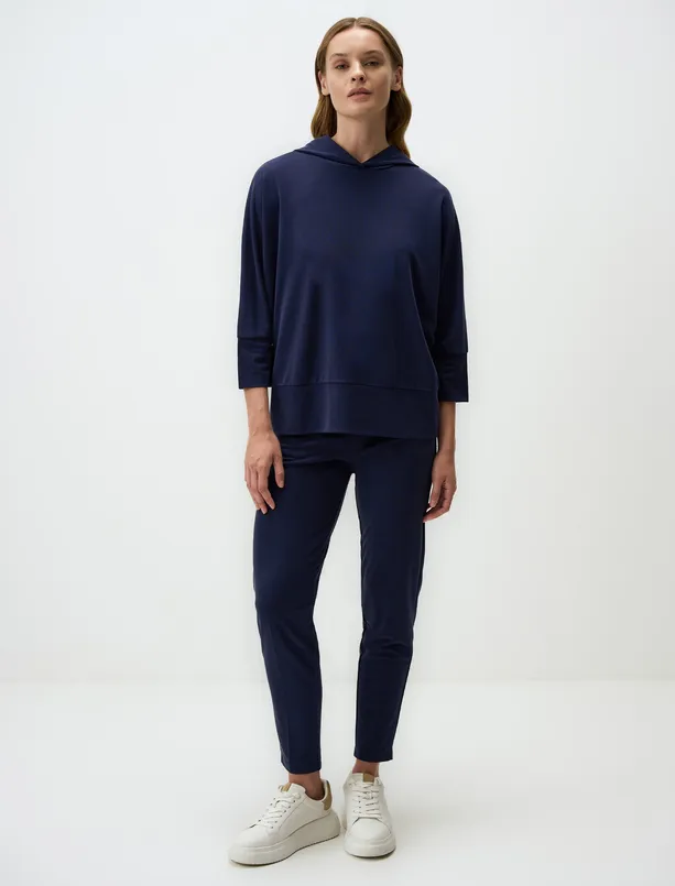 Women Dark Blue Loose Fit Trouser Sleeve Hooded Knitted Sweatshirt