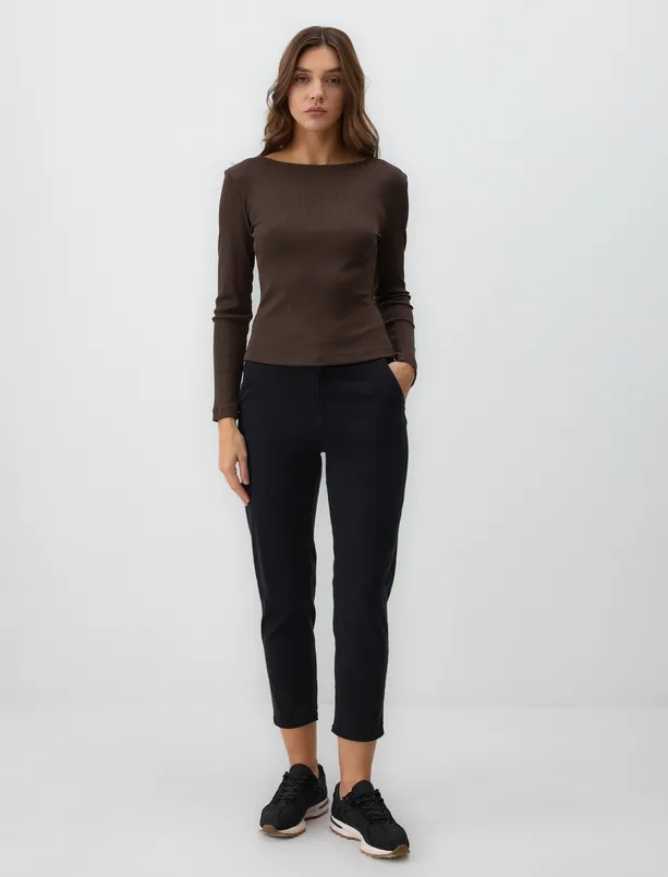 Women Brown Slim Fit Boat Neck Knitted Blouse