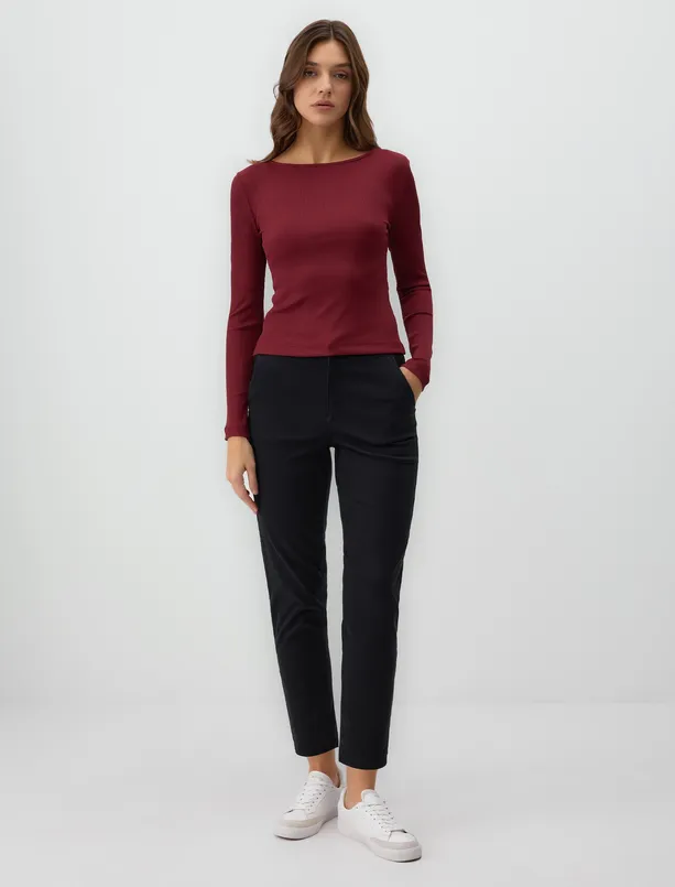 Women Claret Red Slim Fit Boat Neck Knitted Blouse