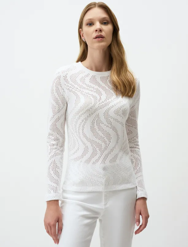 Women Ecru Crew Neck Openwork Long Sleeve Knitted Blouse