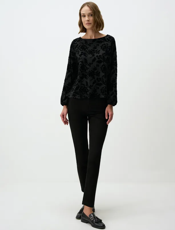 Women Black Boat Neck Relaxed Fit Long Sleeve Blouse