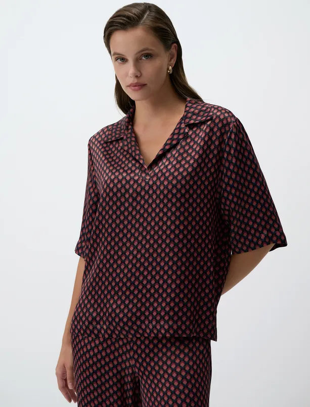 Women Claret Red V-Neck Relaxed Fit Patterned Satin Blouse