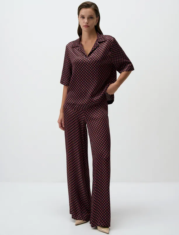 Women Claret Red V-Neck Relaxed Fit Patterned Satin Blouse