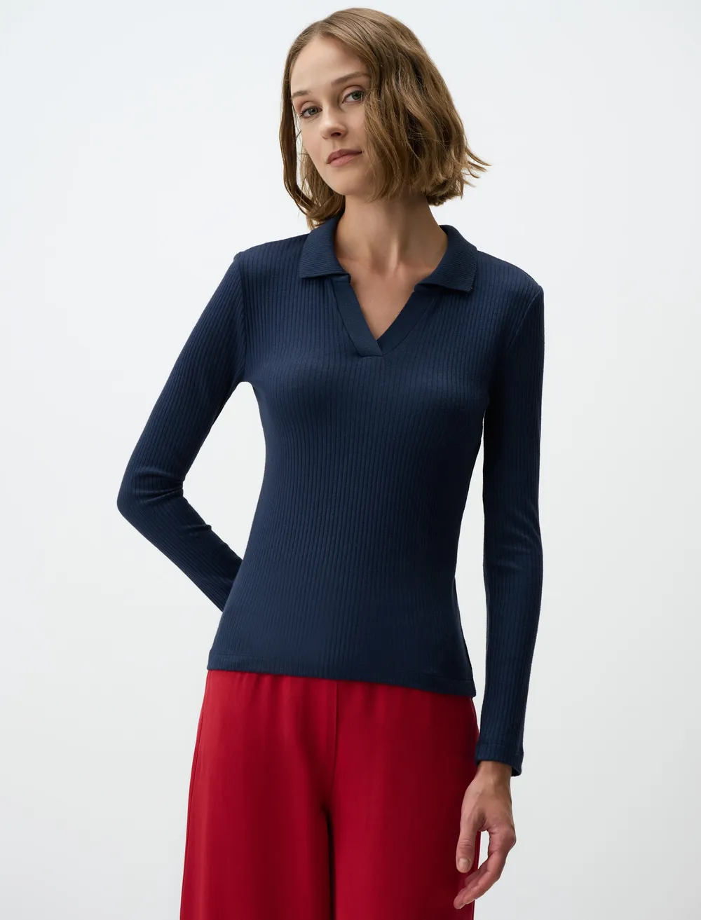 Lacivert Uzun Kollu Polo Yaka Örme Bluz