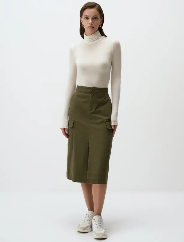 Women Ecru Turtleneck Slim Fit Knitted Blouse