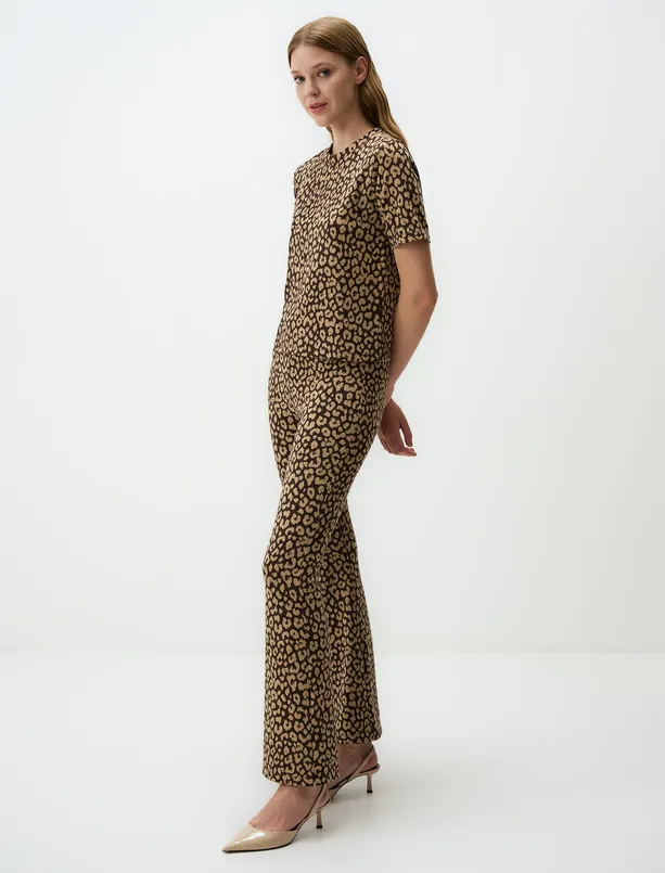 Women Brown Crew Neck Leopard Print Blouse