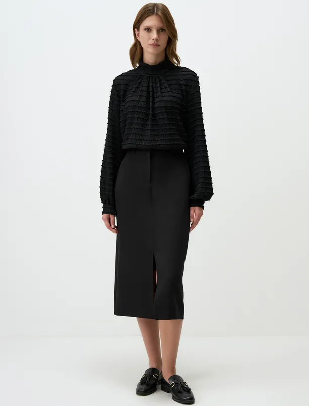 Women Black Turtleneck Relaxed Fit Patterned Knitted Blouse