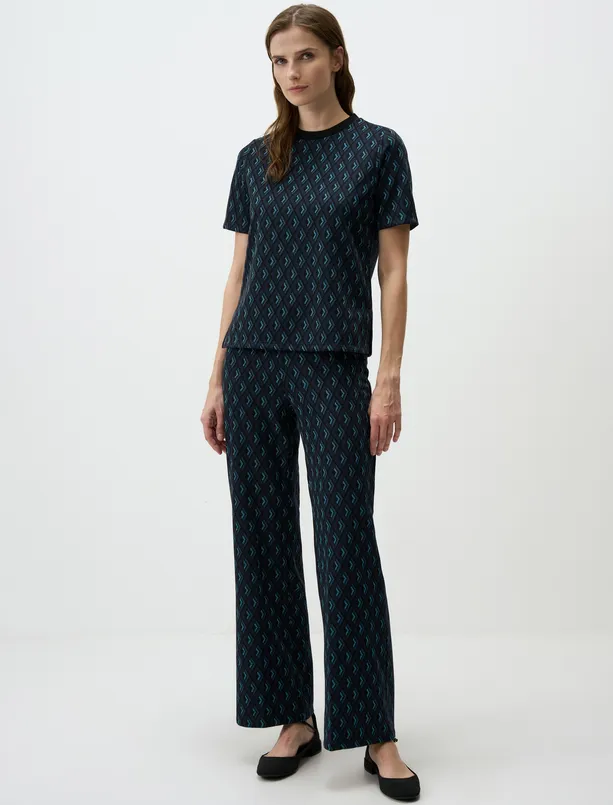 Women Dark Blue Crew Neck Relaxed Fit Patterned Knitted Blouse