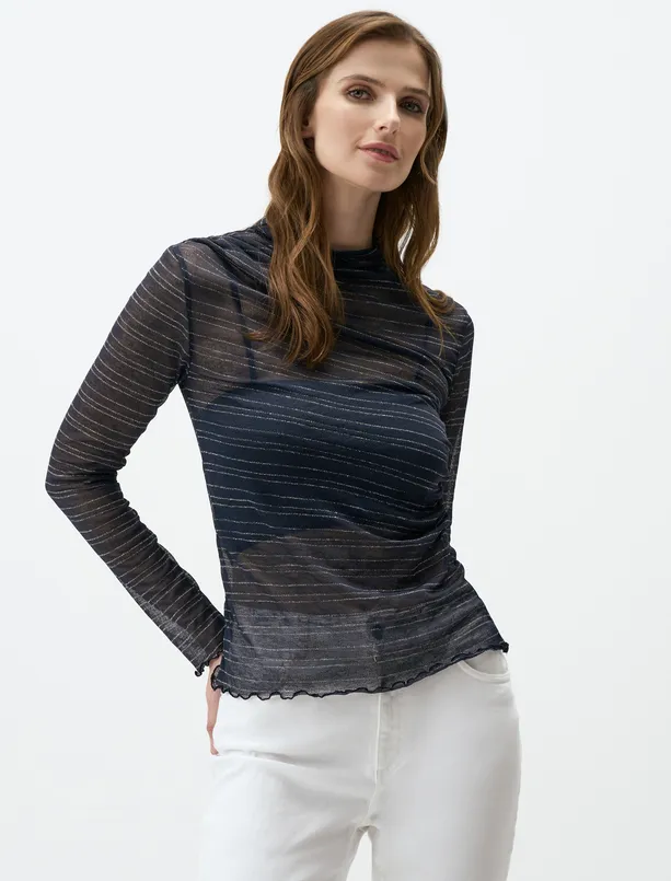 Women Dark Blue Zero Neck Slim Fit Knitted Patterned Mesh Blouse