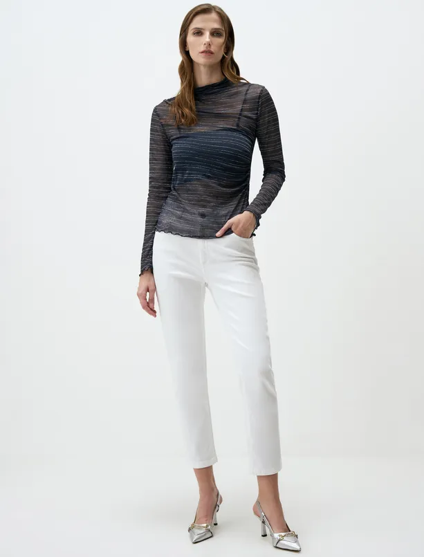 Women Dark Blue Zero Neck Slim Fit Knitted Patterned Mesh Blouse