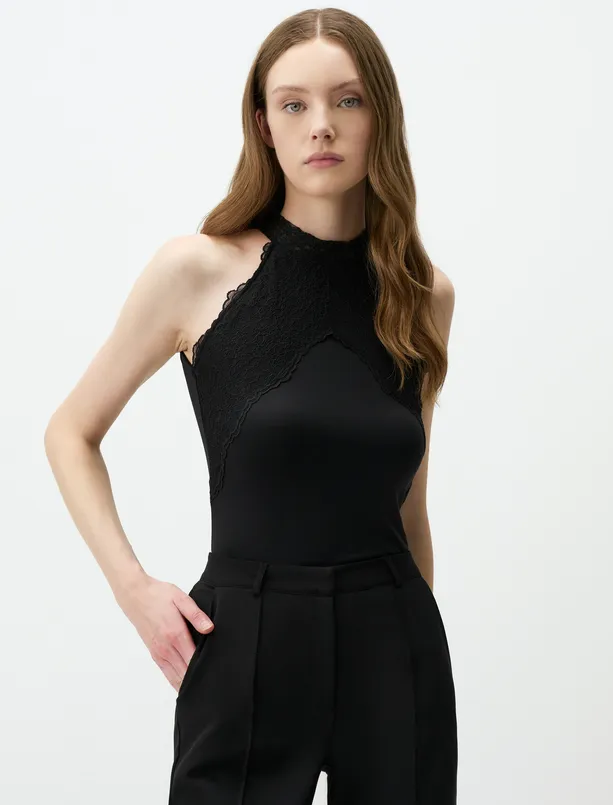 Women Black Turtleneck Lace Detailed Slim Fit Knitted Blouse
