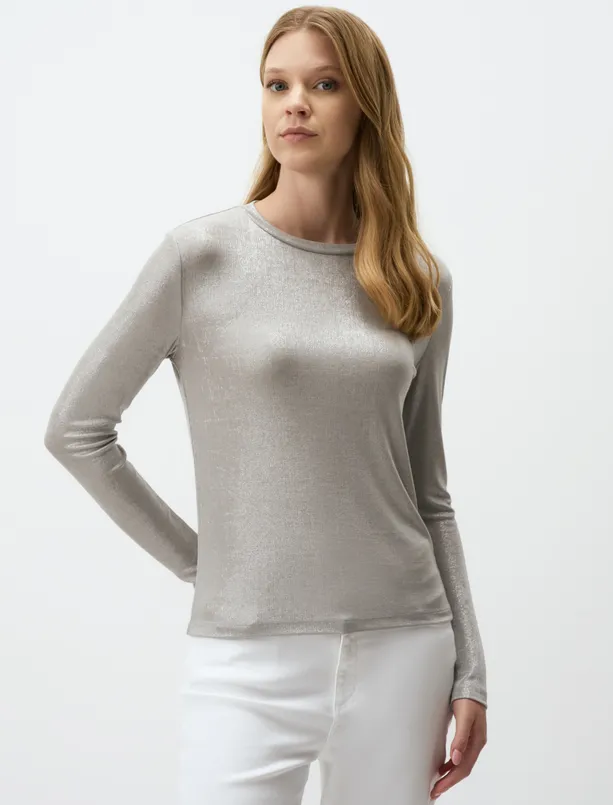 Women Grey Crew Neck Straight Cut Long Sleeve Knitted Blouse