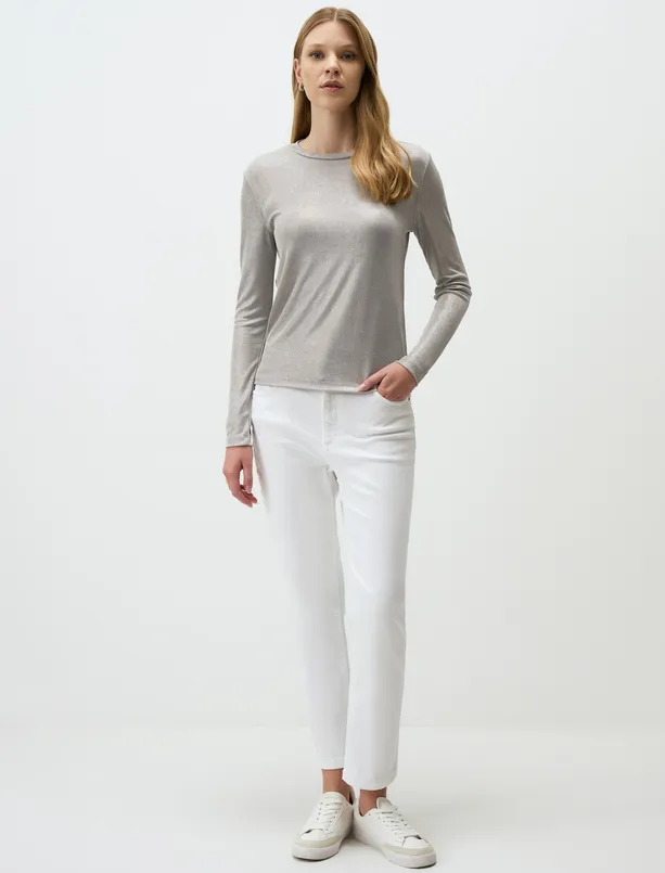 Women Grey Crew Neck Straight Cut Long Sleeve Knitted Blouse