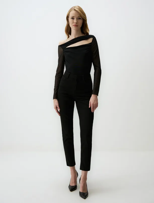 Women Black Asymmetric Neck Slim Fit Mesh Knitted Blouse