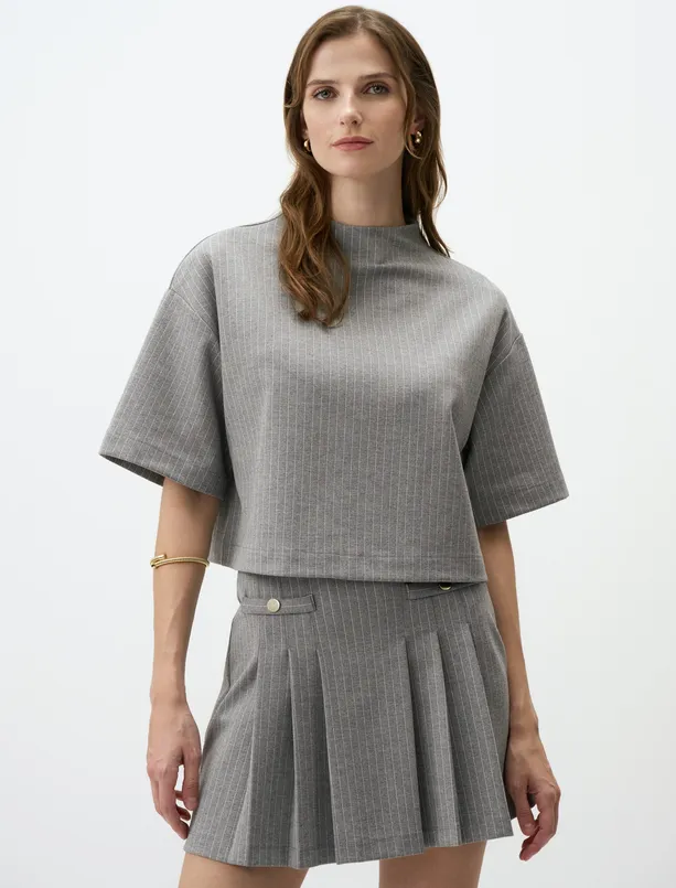 Women Grey Boat Neck Relaxed Fit Striped Knitted Blouse