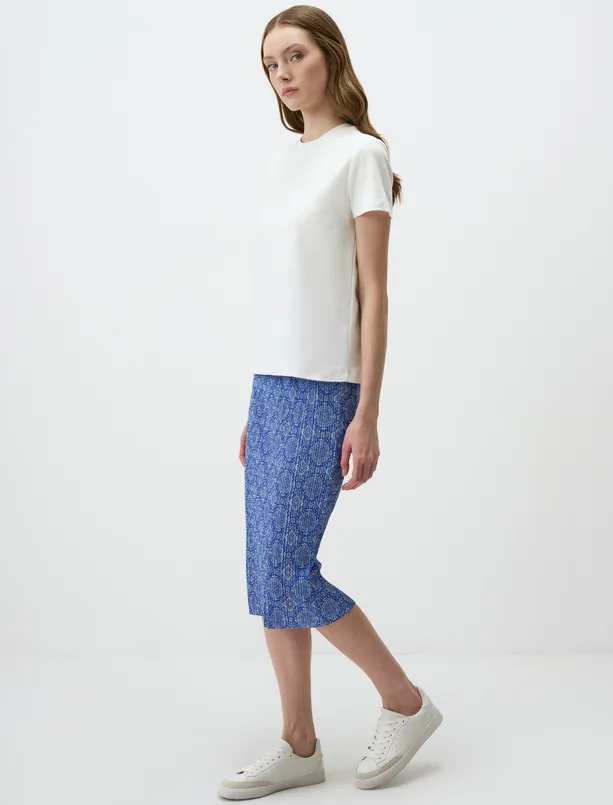 Women Dark Blue Regular Waist Slim Fit Patterned Knitted Midi Skirt