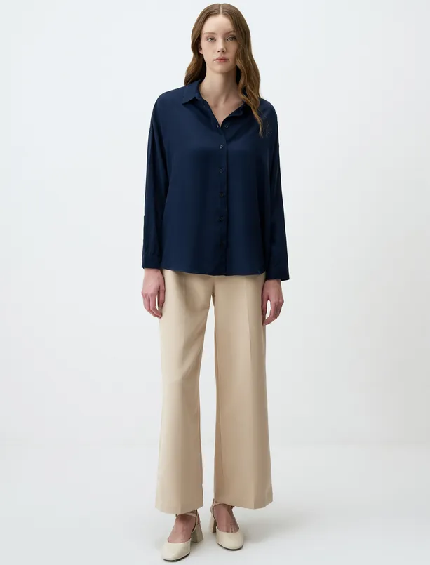 Women Dark Blue Long Sleeve Basic Woven Shirt