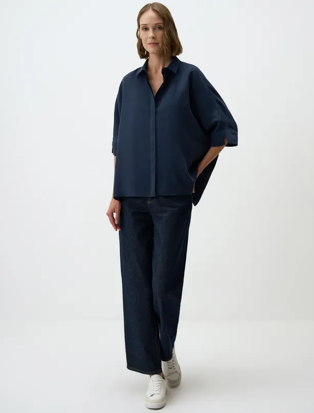 Women Dark Blue Relaxed Fit Trouser Sleeve Woven Shirt
