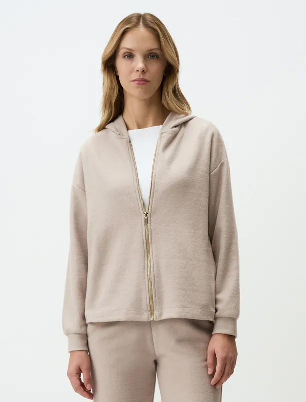 Bayan Bej Melanj Uzun Kollu Kapüşonlu Örme Polar Hırka