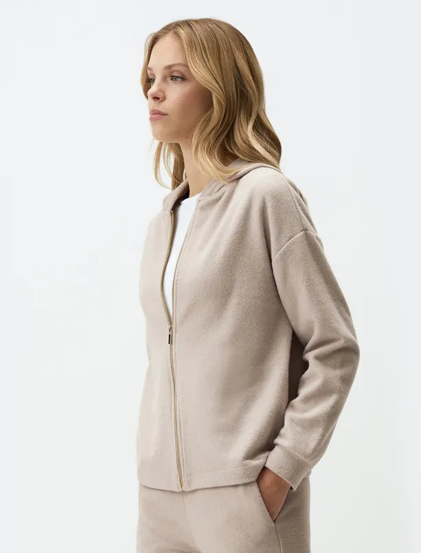 Bayan Bej Melanj Uzun Kollu Kapüşonlu Örme Polar Hırka