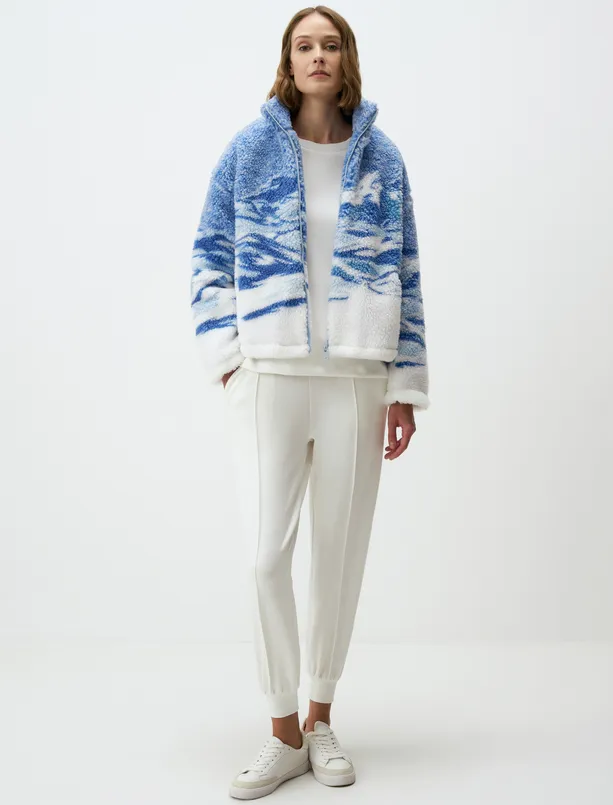 Women Blue Turtleneck Winter Patterned Plush Jacket with Zipper