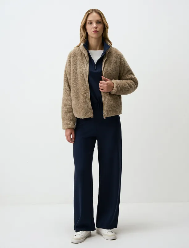 Women Mink Turtleneck Plush Knitted Jacket with Zipper