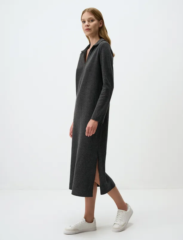 Polo Collar Relaxed Fit Midi Knitted Dress