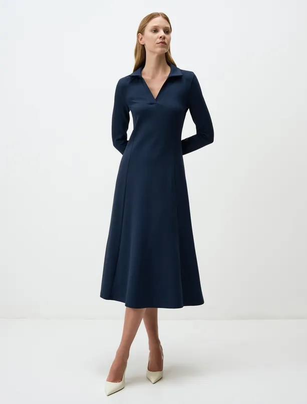 Women Dark Blue Polo Collar Long Sleeve Midi Dress
