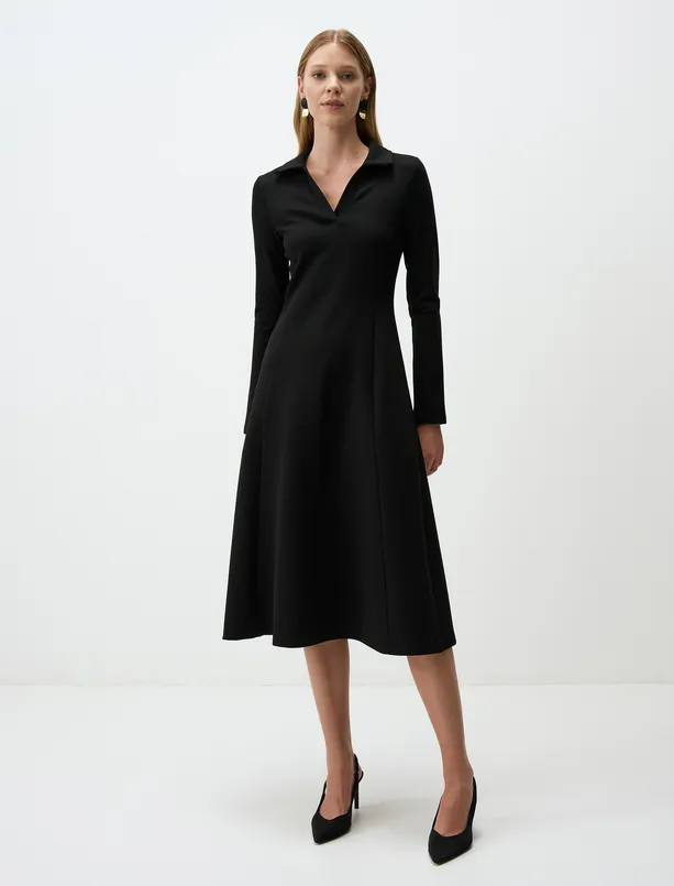 Women Black Polo Collar Long Sleeve Midi Dress