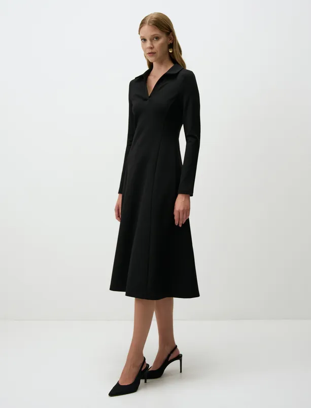Women Black Polo Collar Long Sleeve Midi Dress