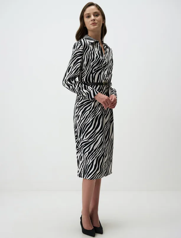 Women Black Shirt Collar Long Sleeve Satin Midi Dress