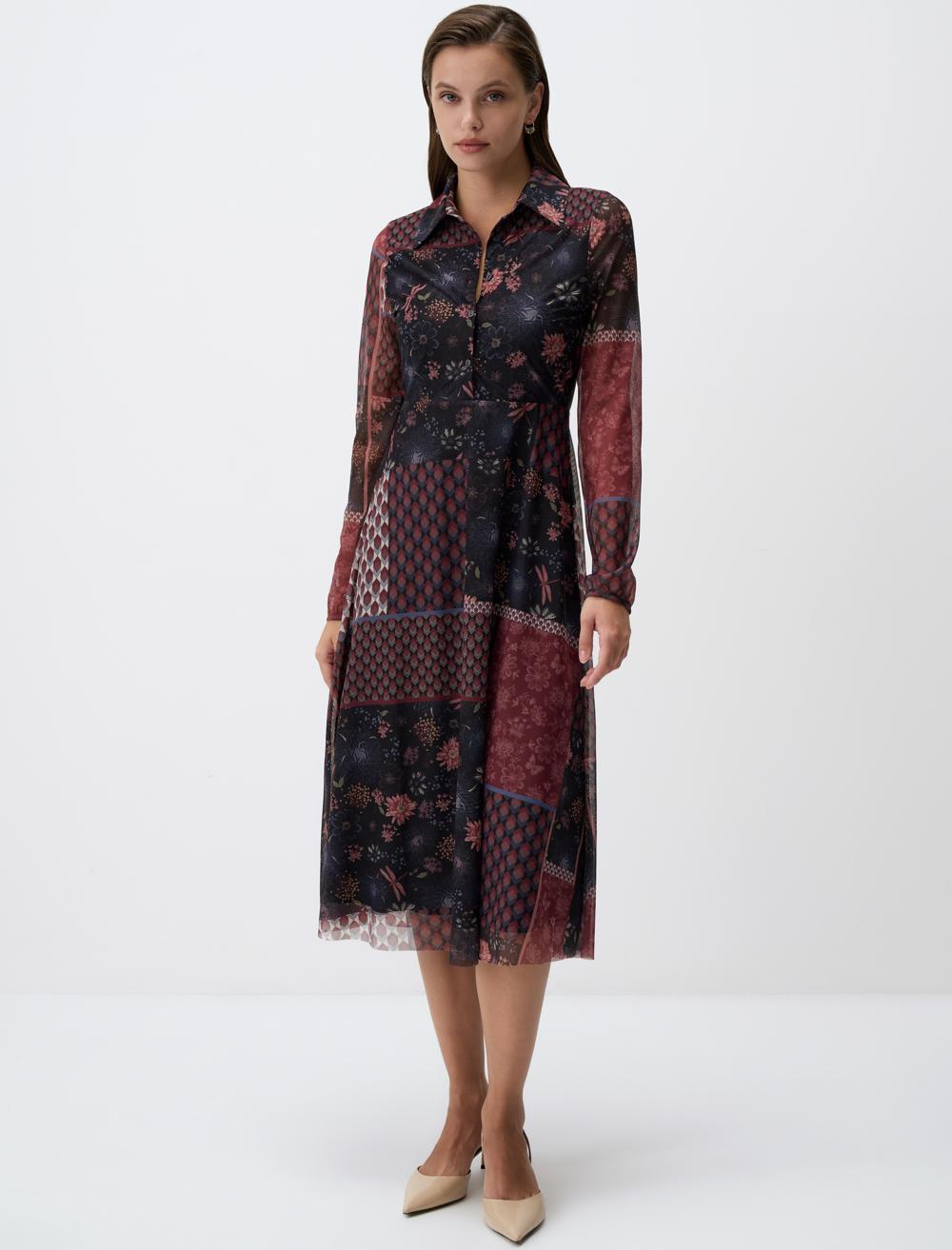 Desenli Gömlek Yaka Örme Mesh Midi Elbise
