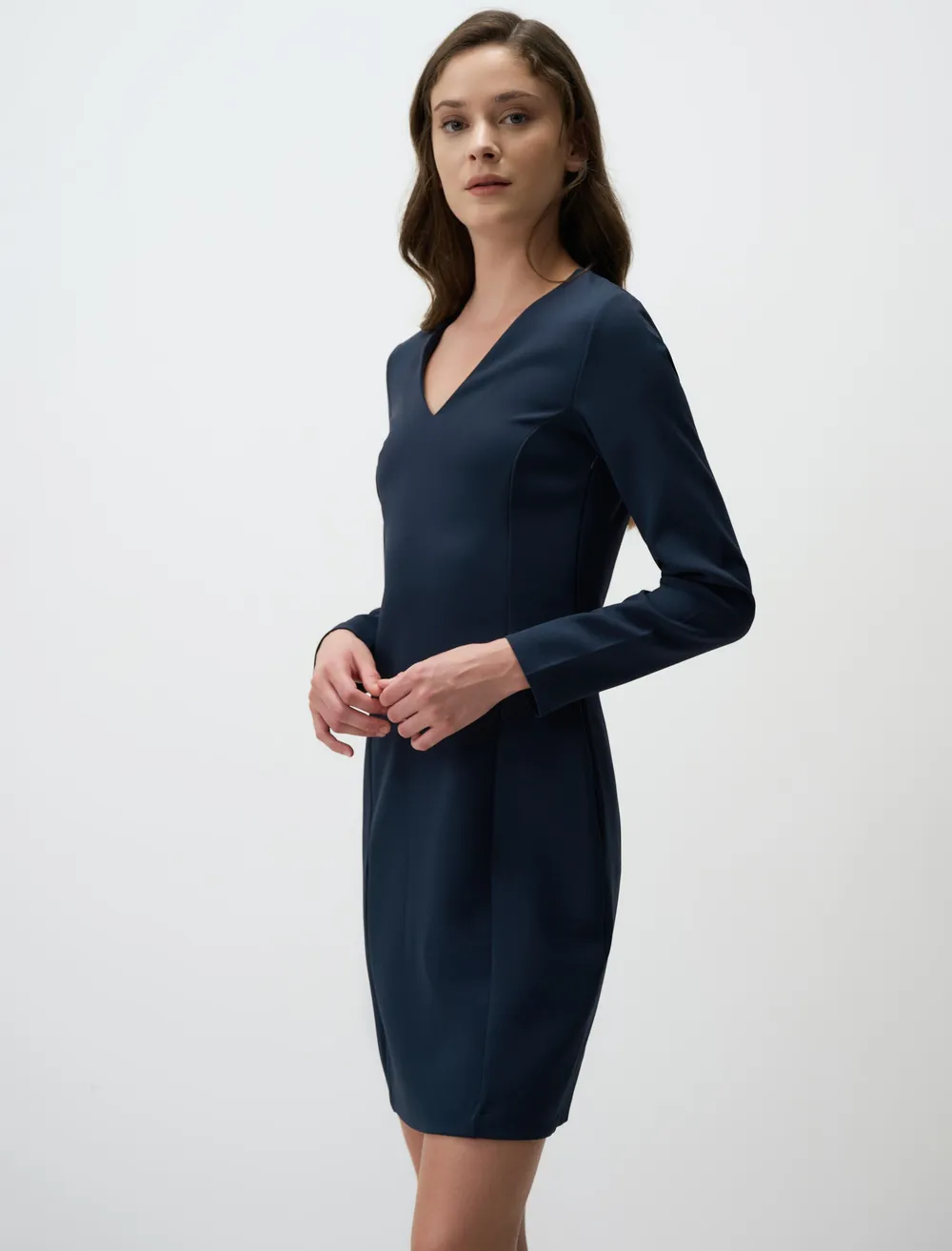 Lacivert V Yaka Uzun Kollu Mini Elbise