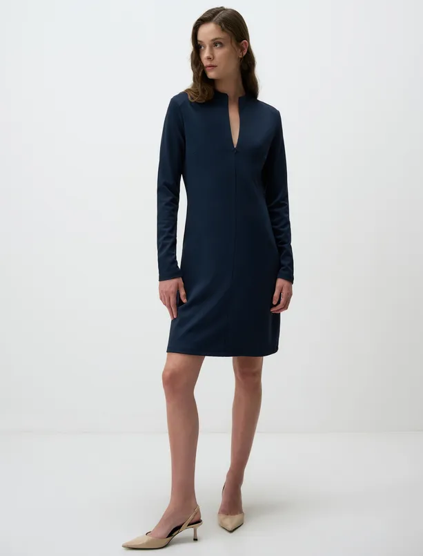 Women Dark Blue Relaxed Fit Long Sleeve Zipper Mini Dress