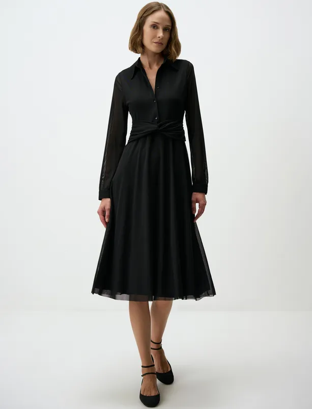 Women Black Straight Cut Shirt Collar Knitted Mesh Midi Dress