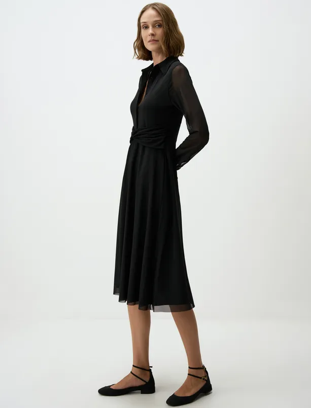 Women Black Straight Cut Shirt Collar Knitted Mesh Midi Dress