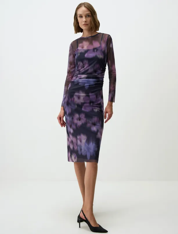 Women Purple Crew Neck Floral Patterned Mesh Midi Dress
