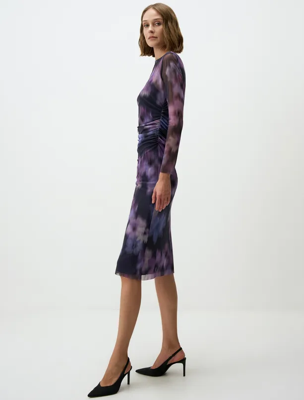Women Purple Crew Neck Floral Patterned Mesh Midi Dress