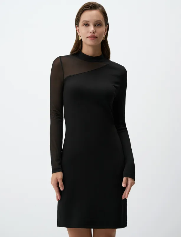 Women Black Half Turtleneck Long Sleeve Knitted Mini Dress