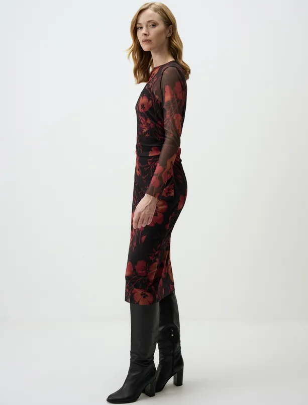 Bayan Siyah Bisiklet Yaka Floral Desenli Mesh Örme Midi Elbise