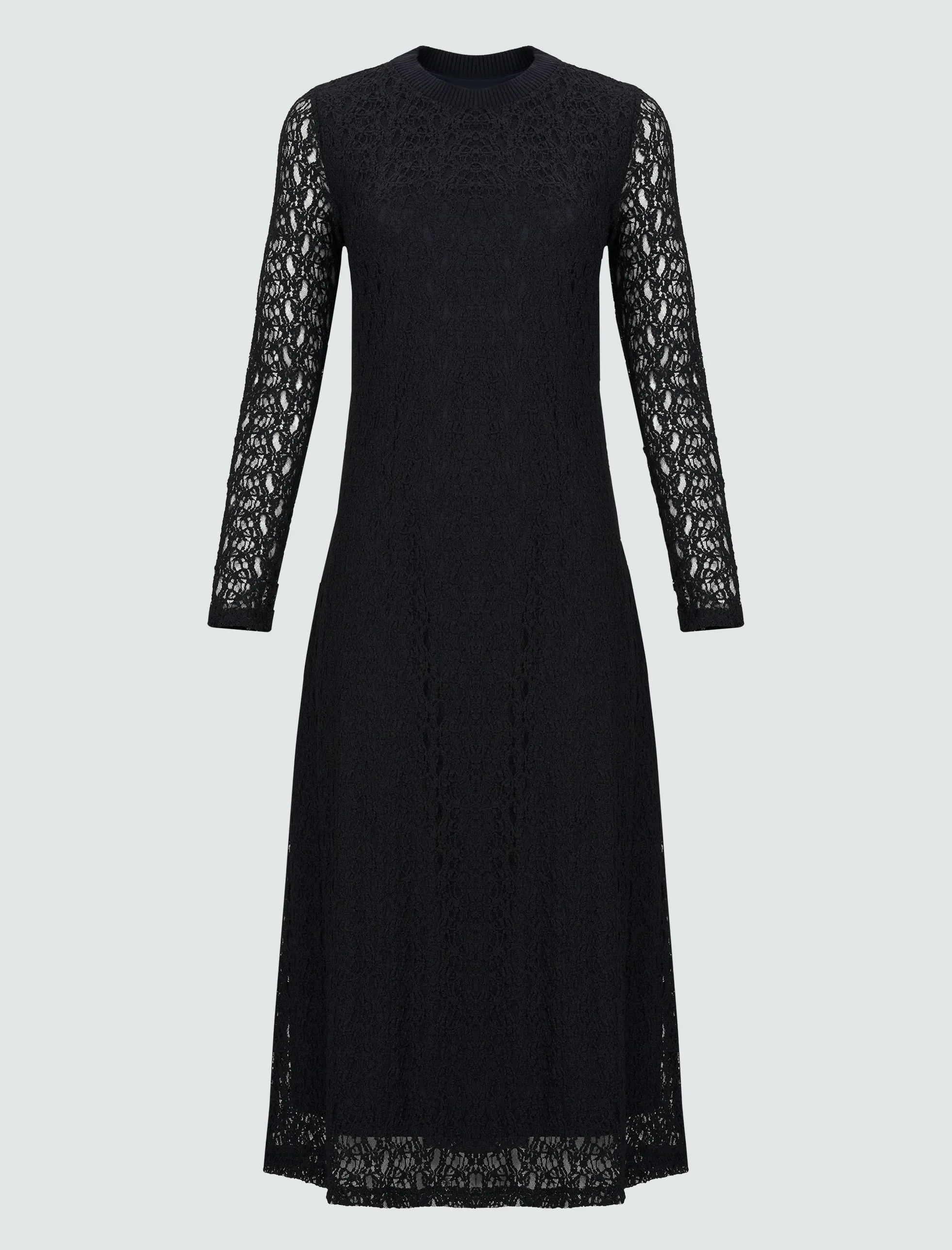 Siyah Bisiklet Yaka Dantel Detaylı Midi Örme Elbise