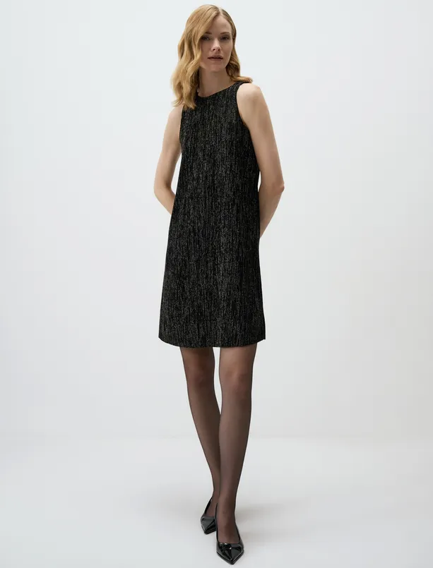 Women Black Round Neck Straight Cut Sleeveless Jersey Knitted Mini Dress
