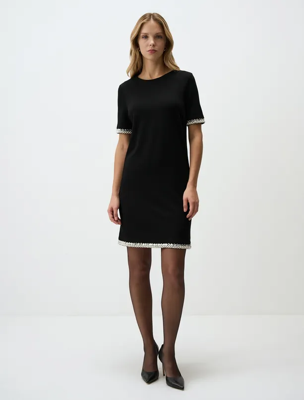 Women Black Round Neck Short Sleeve Knitted Mini Dress
